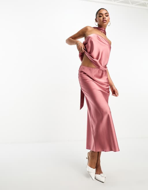 ASOS DESIGN satin bias midi skirt in rose part of a set