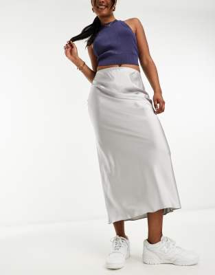 Asos Design Bias Cut Satin Midi Skirt In Silver
