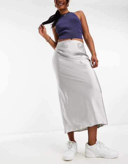 ASOS DESIGN satin bias midi skirt in silver