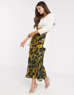 asos design bias cut satin midi skirt in leopard print