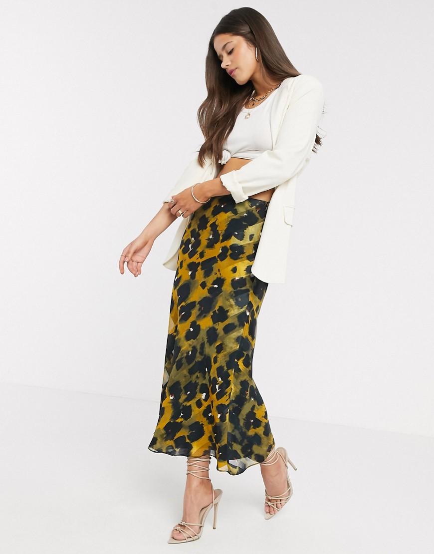 ASOS DESIGN satin bias midi skirt in stripe leopard print-Multi
