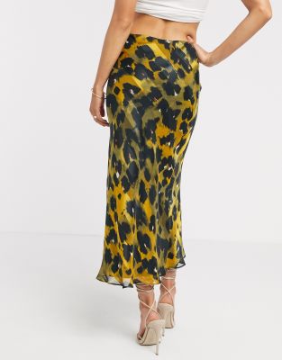 asos design bias cut satin midi skirt in leopard print