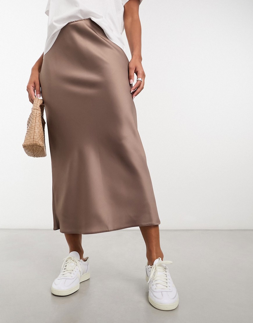 Asos Design Satin Bias Midi Skirt In Taupe-brown