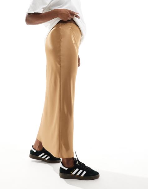 ASOS DESIGN satin bias midi skirt in taupe - view 1