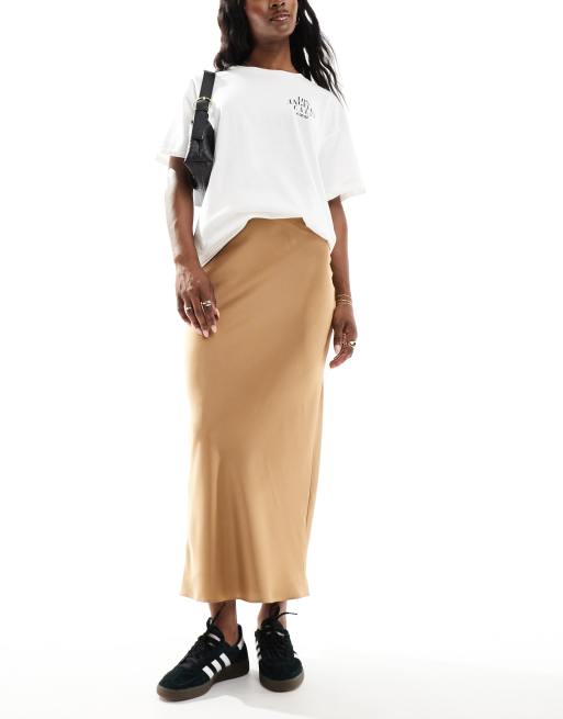 ASOS DESIGN satin bias midi skirt in taupe