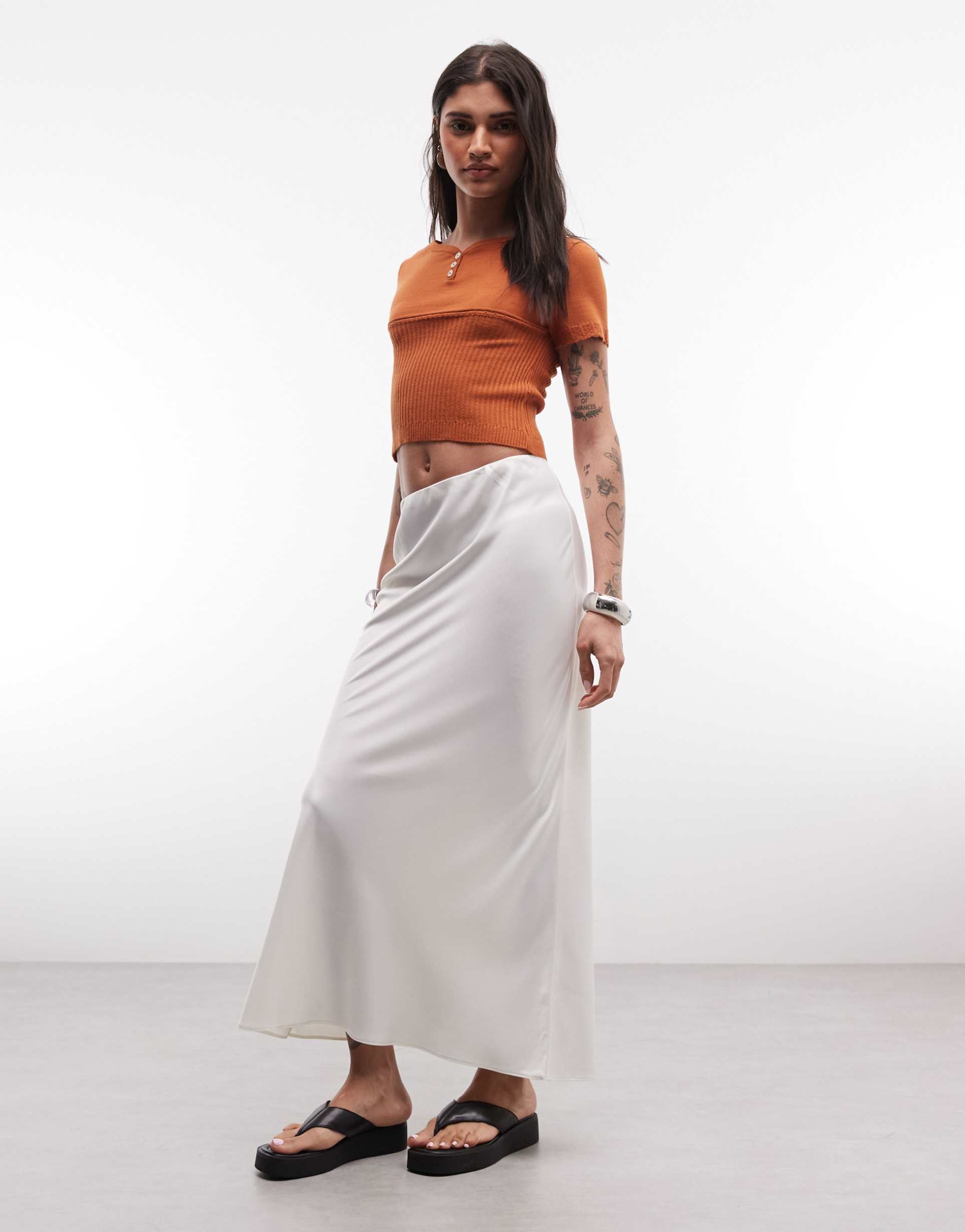 asos design satin bias midi skirt in winter white