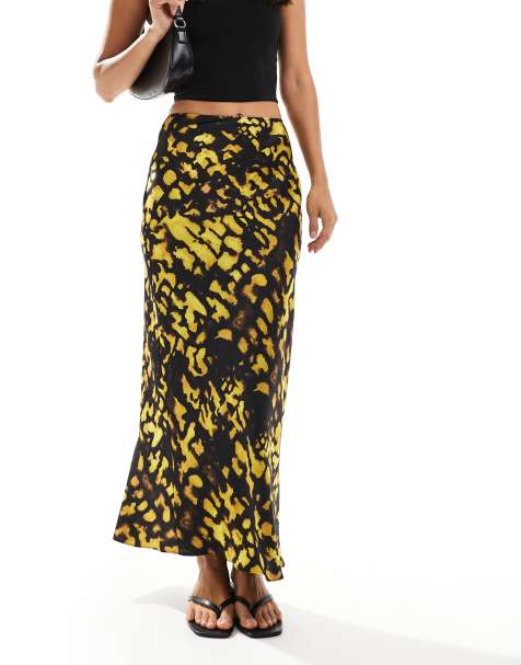 ASOS DESIGN satin bias midi skirt in yellow and black splodge print - view 1
