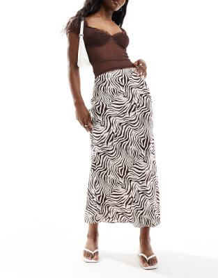 satin bias midi skirt in zebra print-Multi