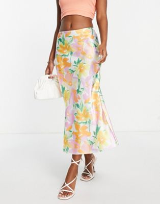 ASOS DESIGN satin bias midi skirt in pastel floral print