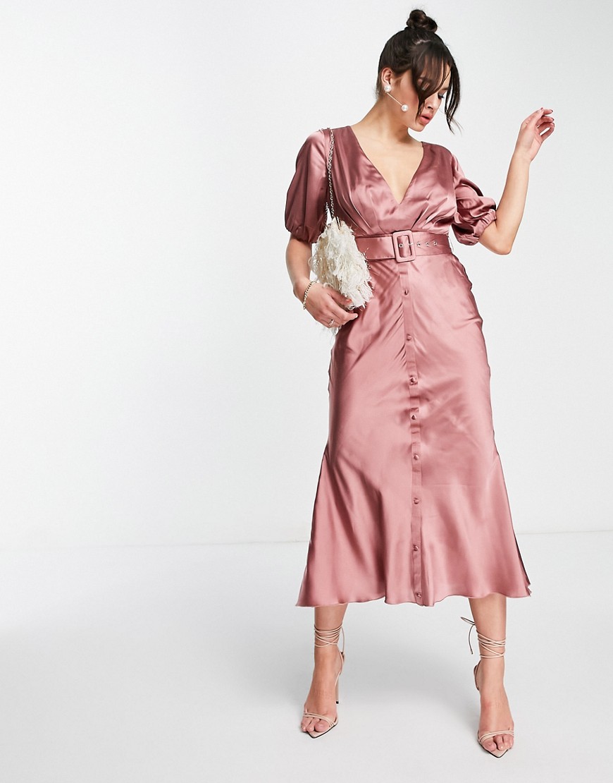 ASOS DESIGN satin bias midi tea dress with belt in dark blush-Pink