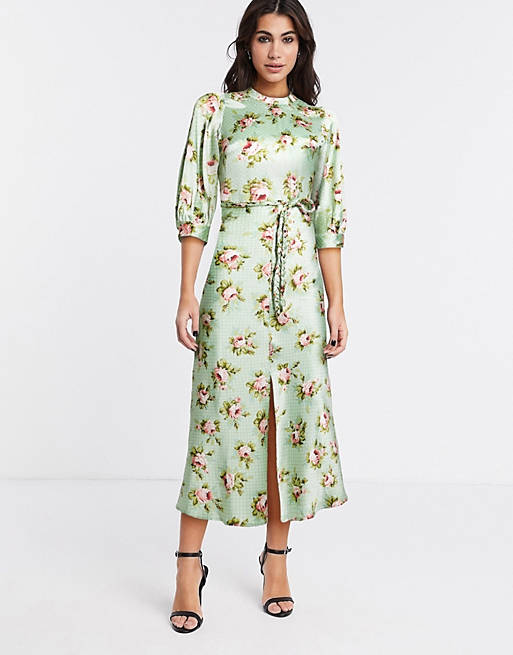 ASOS DESIGN satin bias midi tea dress with braid detail and puff sleeves in grid floral print