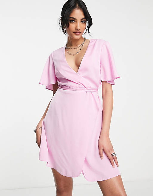 Asos Women Clothing Dresses Party Dresses Satin bias mini wrap dress with fluted sleeve in lilac 