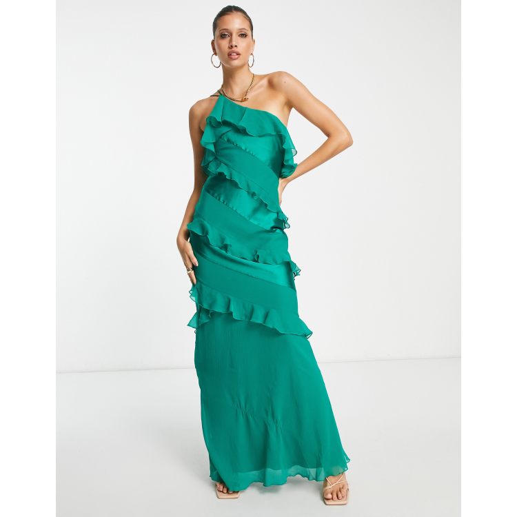 Emerald Green Satin Ruffle Maxi Dress – Unique Vintage