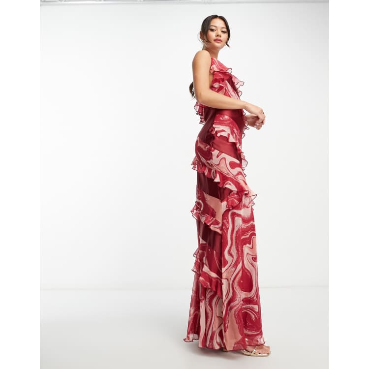 ASOS DESIGN satin bias ruffle maxi dress in red with marble print