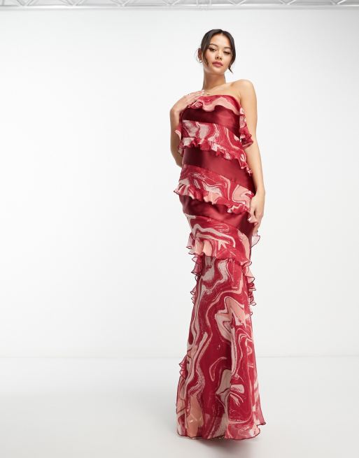 Aidyl Satin Ruffle Maxi Dress in Red