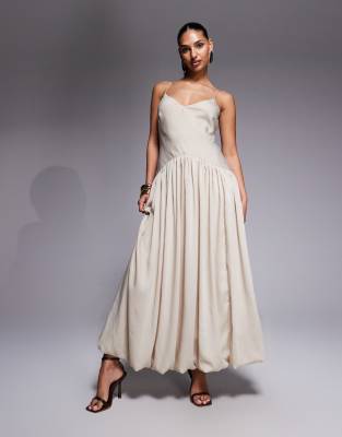 Asos Design Satin Bias Shift Dress With Bubble Hem In White
