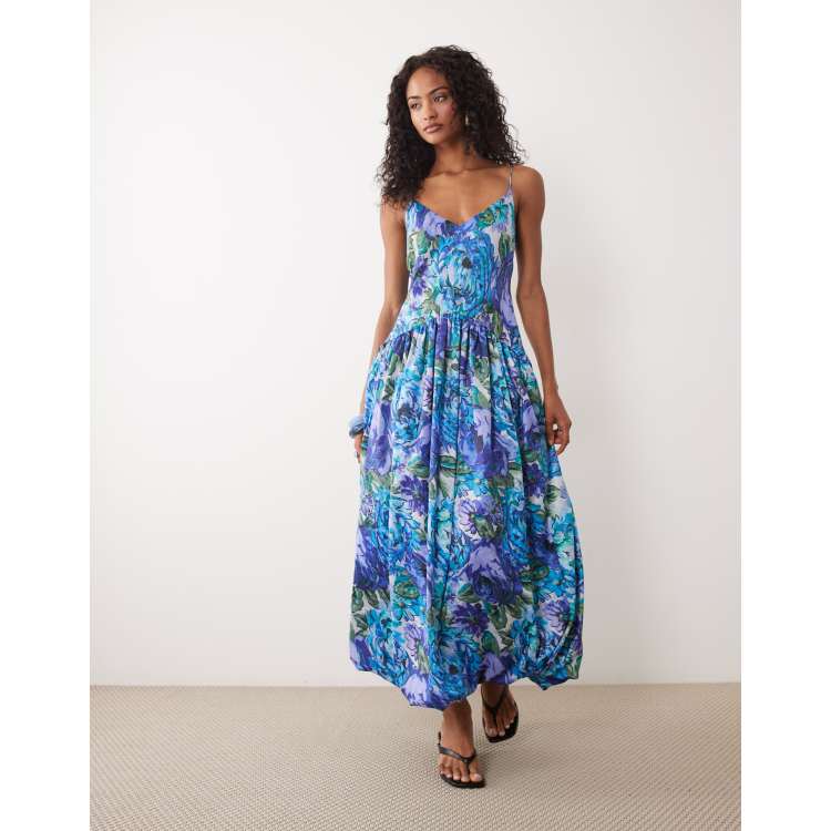 ASOS DESIGN satin bias shift midi dress with bubble hem in turquoise floral