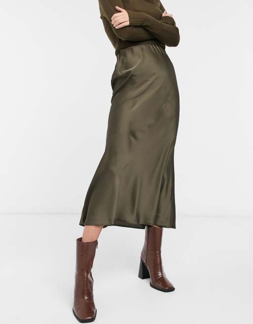 ASOS DESIGN satin bias slip midi skirt in khaki