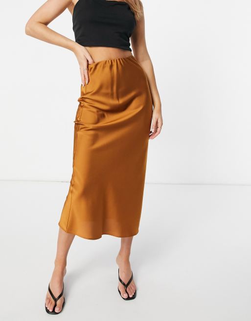 ASOS DESIGN satin bias slip midi skirt in tan