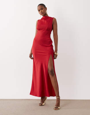 Asos Design Satin Bias Split Detail Maxi Dress In Red