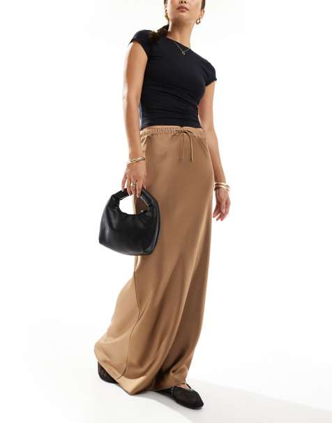 ASOS DESIGN satin bias tie waist maxi skirt in brown - view 1