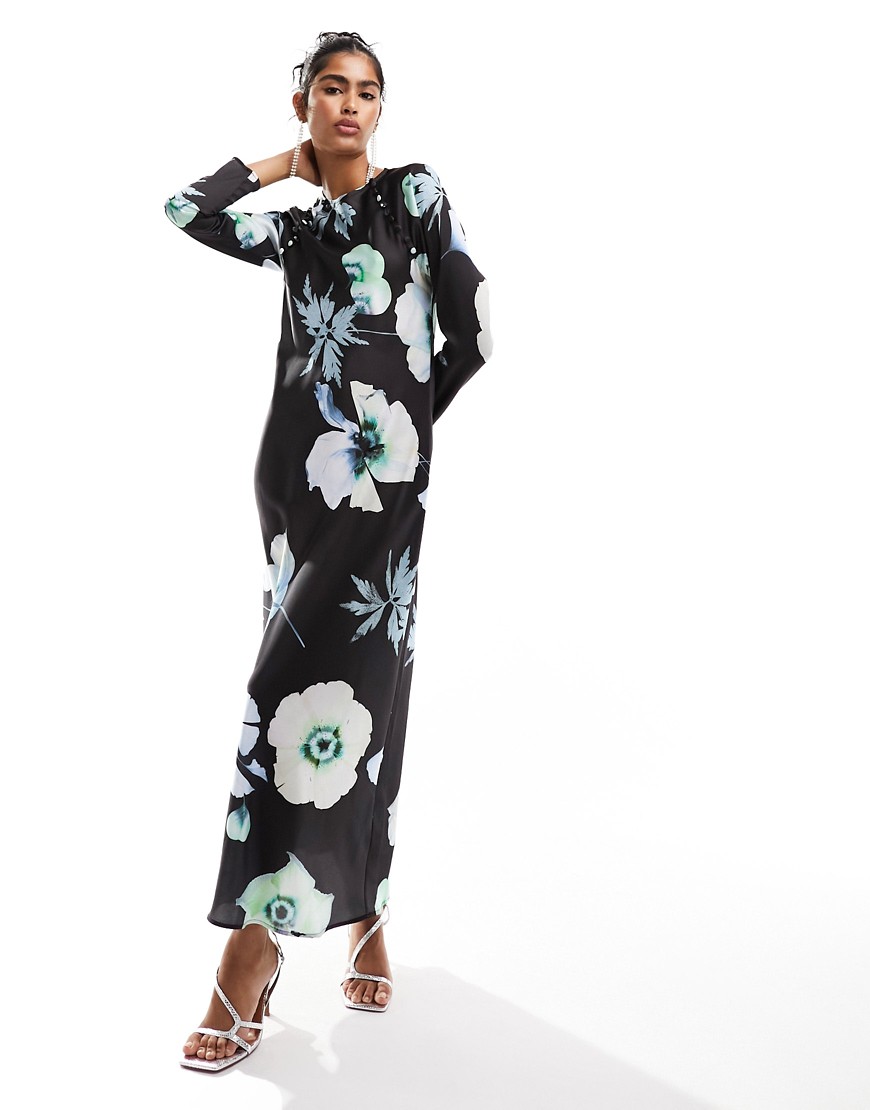 ASOS DESIGN satin biased maxi dress with button detail in black based floral print-Multi