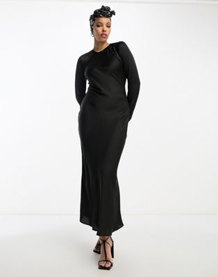 ASOS DESIGN satin biased maxi dress with button detail in black