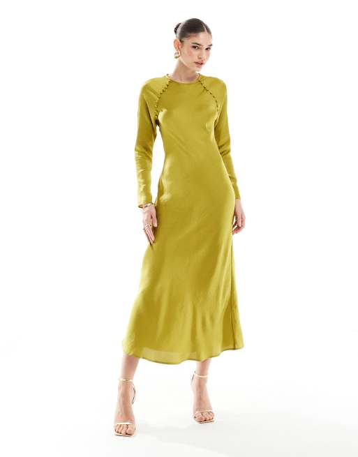 ASOS DESIGN satin biased maxi dress with button detail in chartreuse ASOS