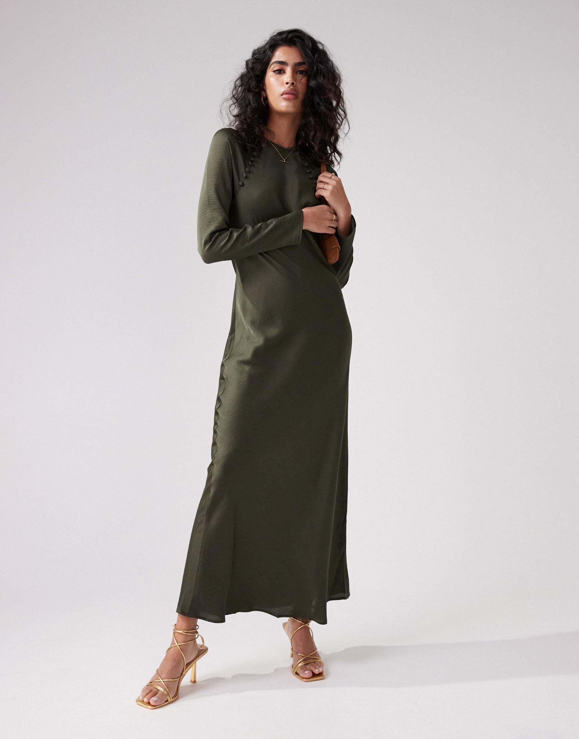 asos design satin biased maxi dress with button detail in dark khaki