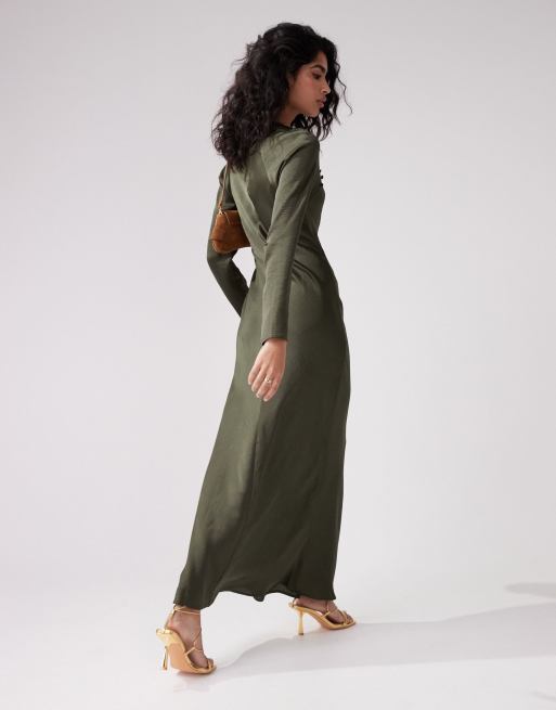 ASOS DESIGN satin biased maxi dress with button detail in dark khaki, 2 of 4
