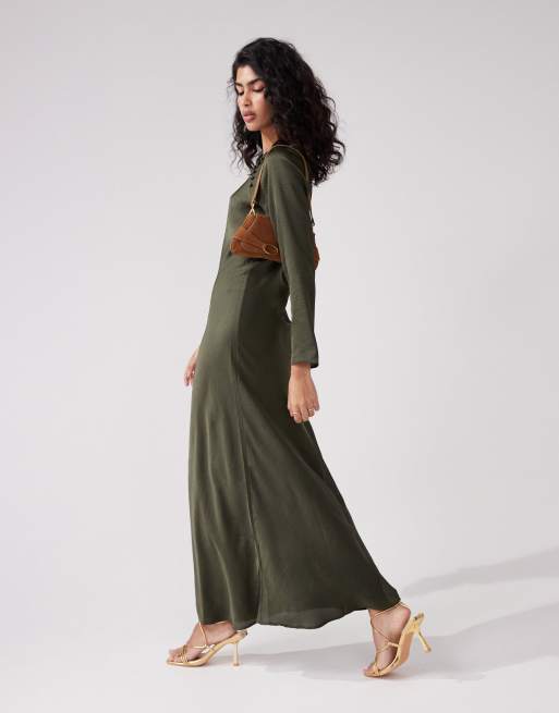 ASOS DESIGN satin biased maxi dress with button detail in dark khaki, 3 of 4