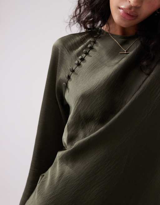 ASOS DESIGN satin biased maxi dress with button detail in dark khaki, 4 of 4