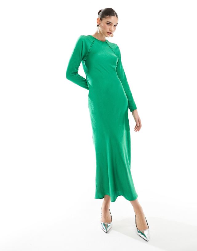 emerald green satin maxi dress long sleeve ASOS DESIGN biased with button detail in kanwal-malik