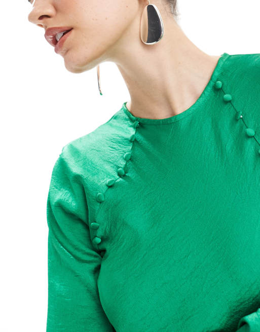 ASOS DESIGN satin biased maxi dress with button detail in emerald green, 3 of 4