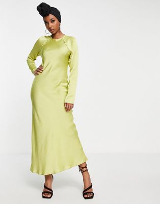 ASOS DESIGN satin biased maxi dress with button detail in lime-Green