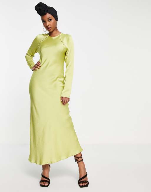 ASOS DESIGN satin biased maxi dress with button detail in lime | ASOS