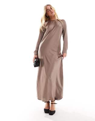 Asos Design Satin Biased Maxi Dress With Button Detail In Mocha-brown