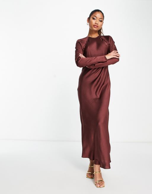 ASOS DESIGN satin biased maxi dress with button detail in oxblood | ASOS