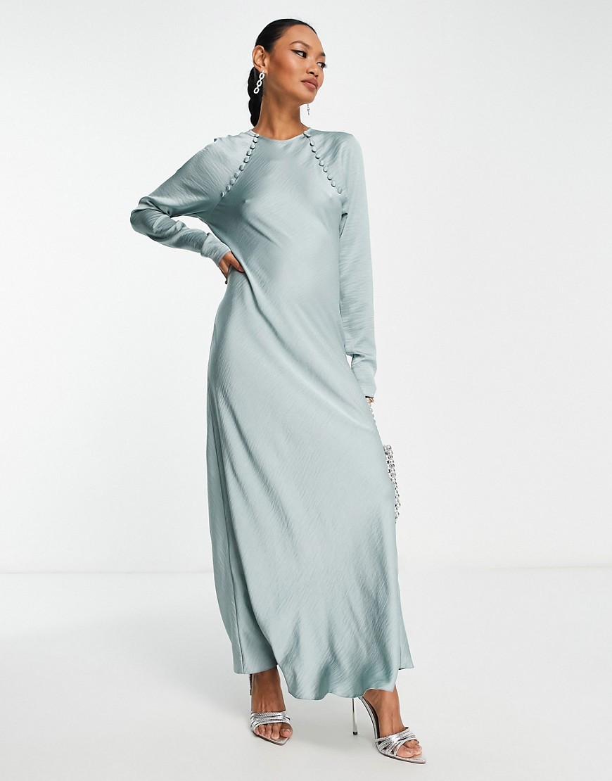 Asos Design Satin Biased Maxi Dress With Button Detail In Silver Blue