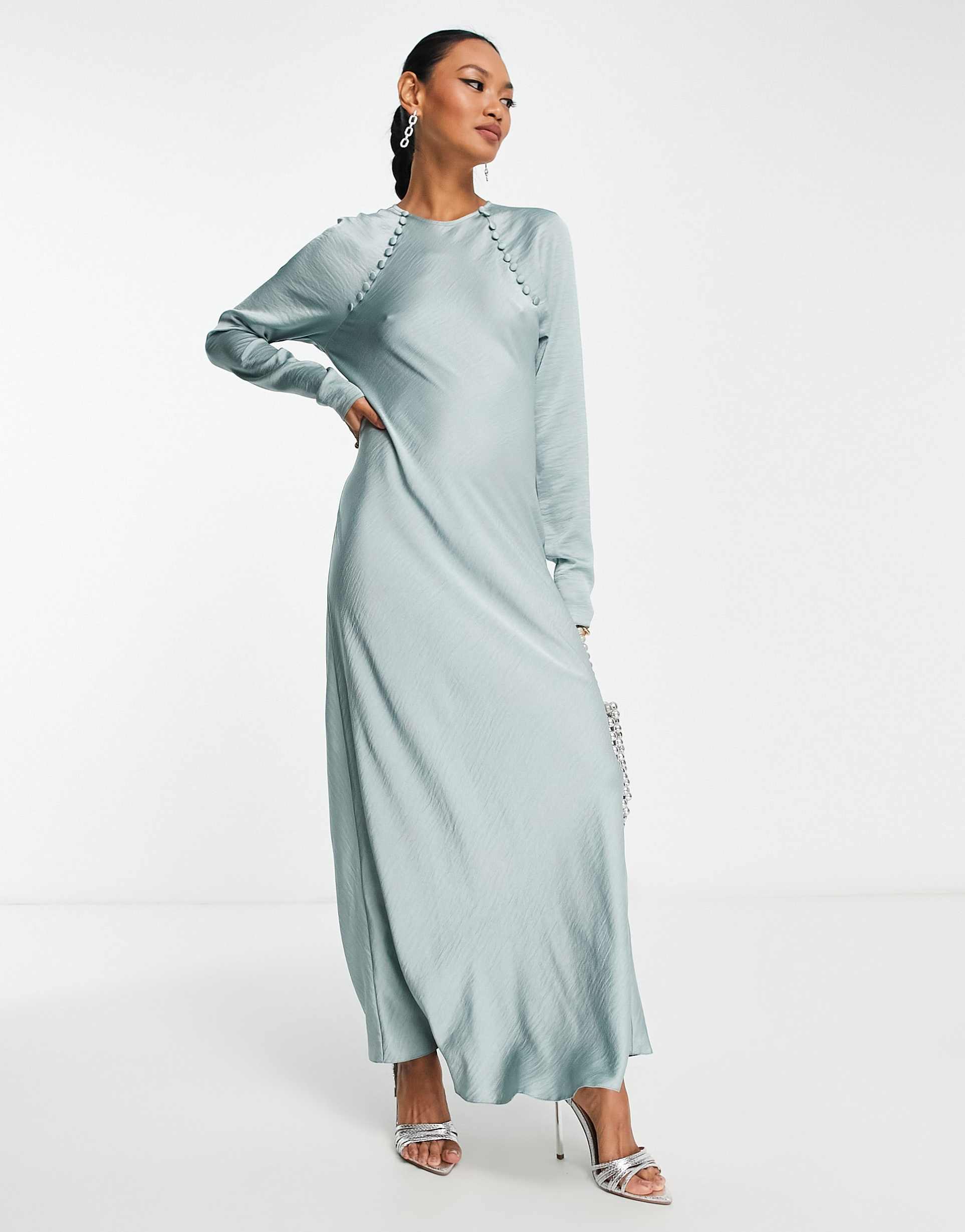 asos design satin biased maxi dress with button detail in silver blue