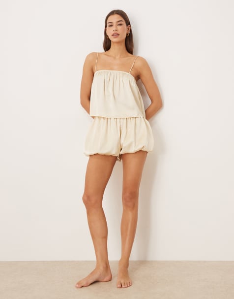 ASOS DESIGN satin bloomer pyjama in ivory - view 1