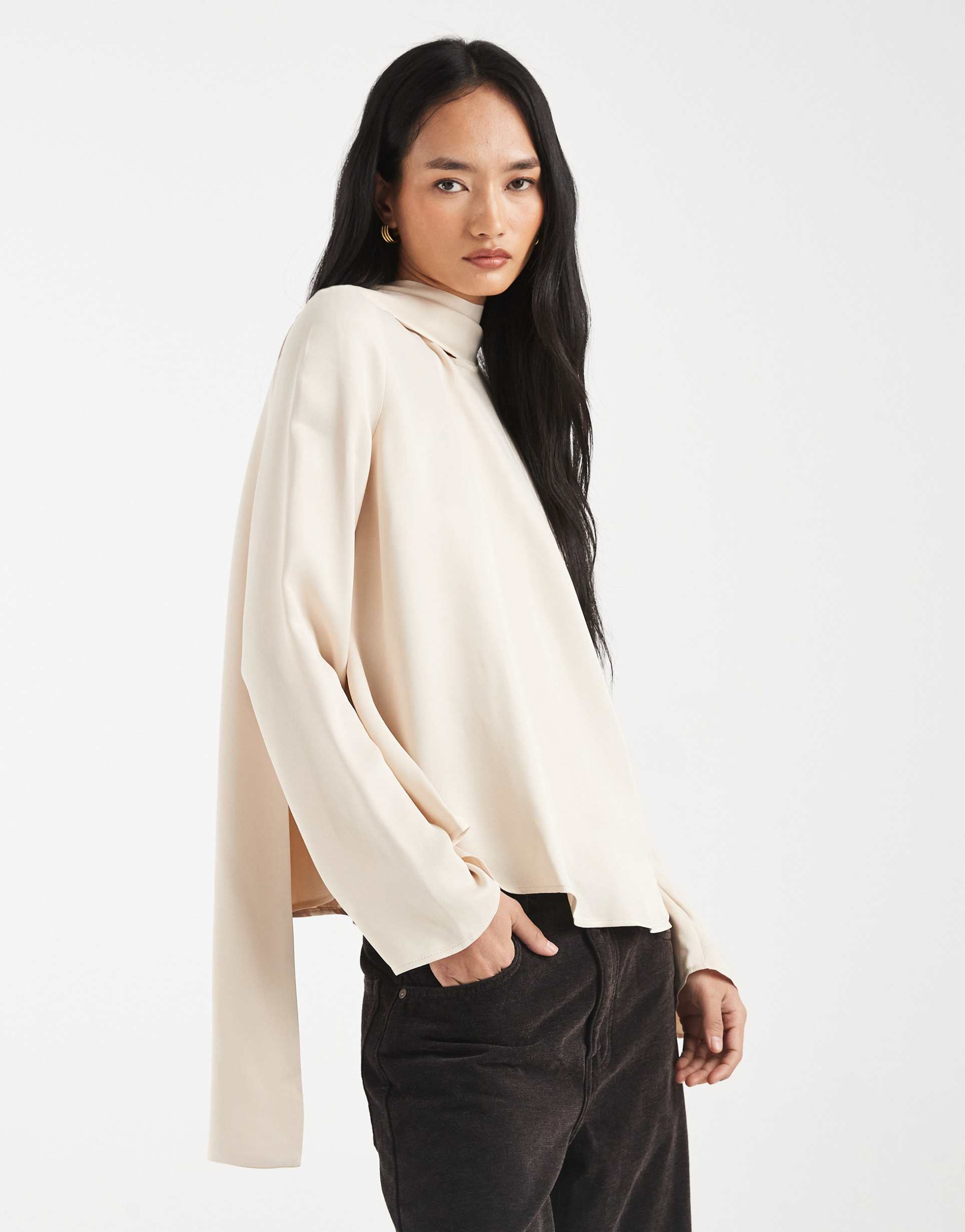 asos design satin blouse with scarf in ecru