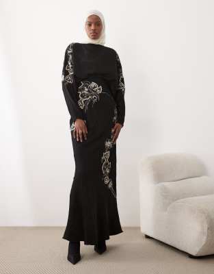 Asos Design Satin Blouson Batwing Sleeves Maxi Dress With Lace Appliqué And Floral Embroidery In Black