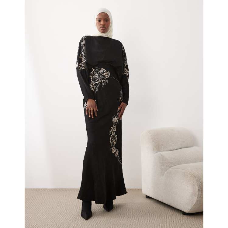 asos design satin twist bodice maxi dress with blouson sleeves Asos Design Maxi Dress with Blouson Sleeve and Delicate Floral  Embellishment
