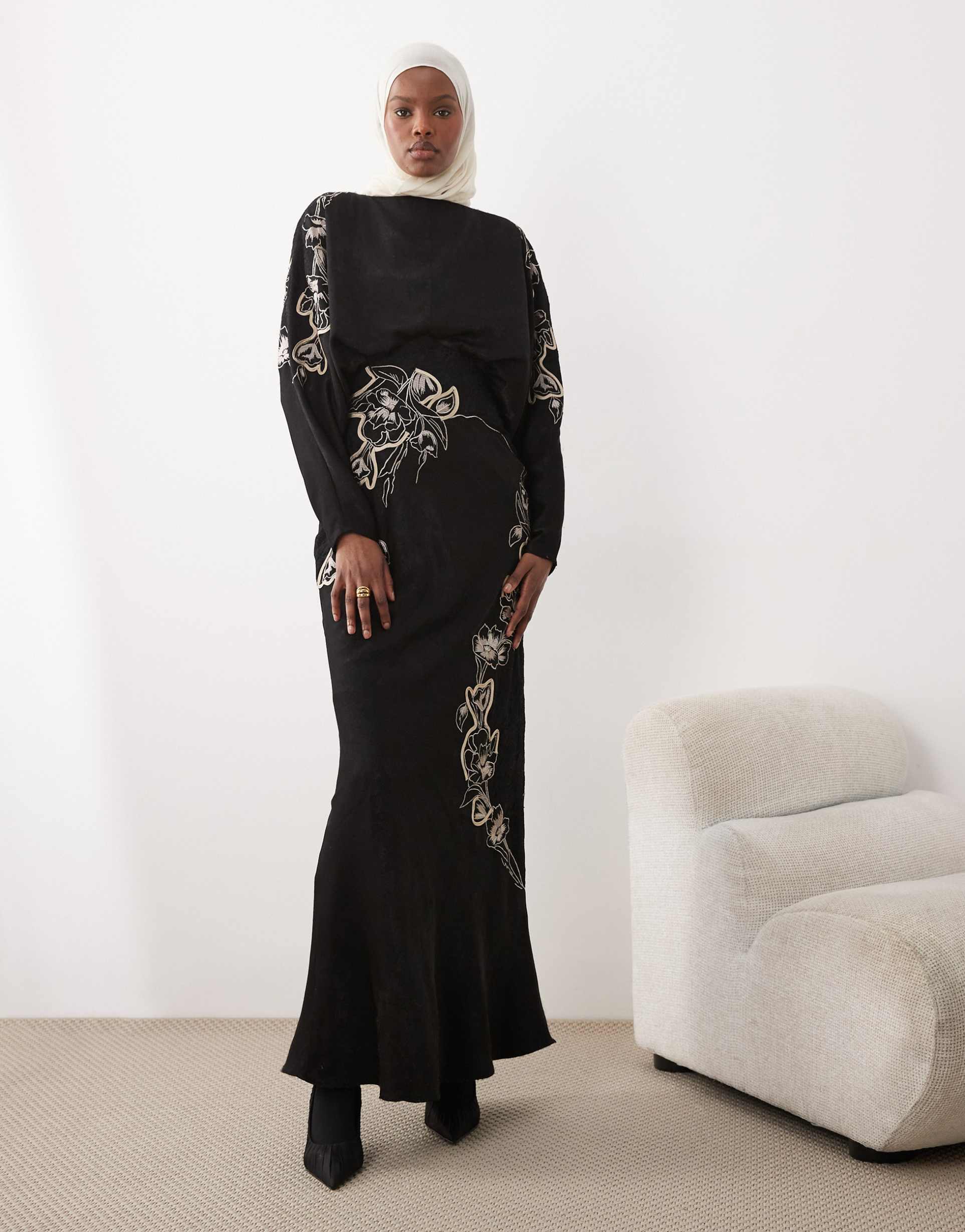 asos design satin blouson batwing sleeves maxi dress with lace appliqué and floral embroidery in black