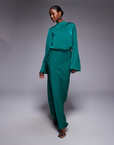 ASOS DESIGN satin blouson bodice long sleeve maxi dress in steel blue - view 1