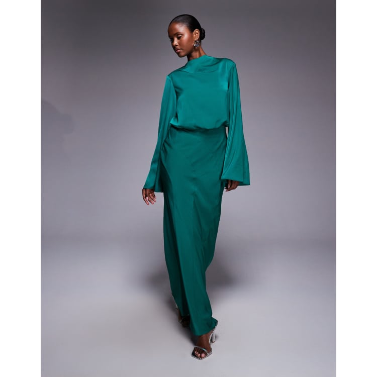 asos design satin twist bodice maxi dress with blouson sleeves ASOS DESIGN asymmetric bodice midaxi dress with blouson sleeves in blue