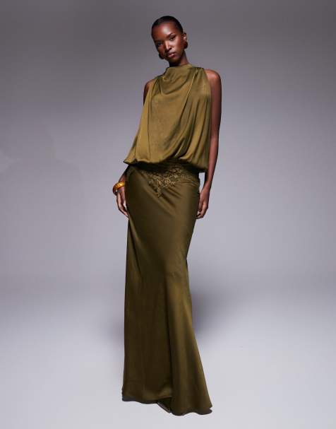 ASOS DESIGN satin blouson bodice maxi dress with lace applique in khaki - view 1