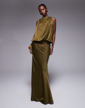 ASOS DESIGN Tall satin high neck pleated bodice midi dress in berry