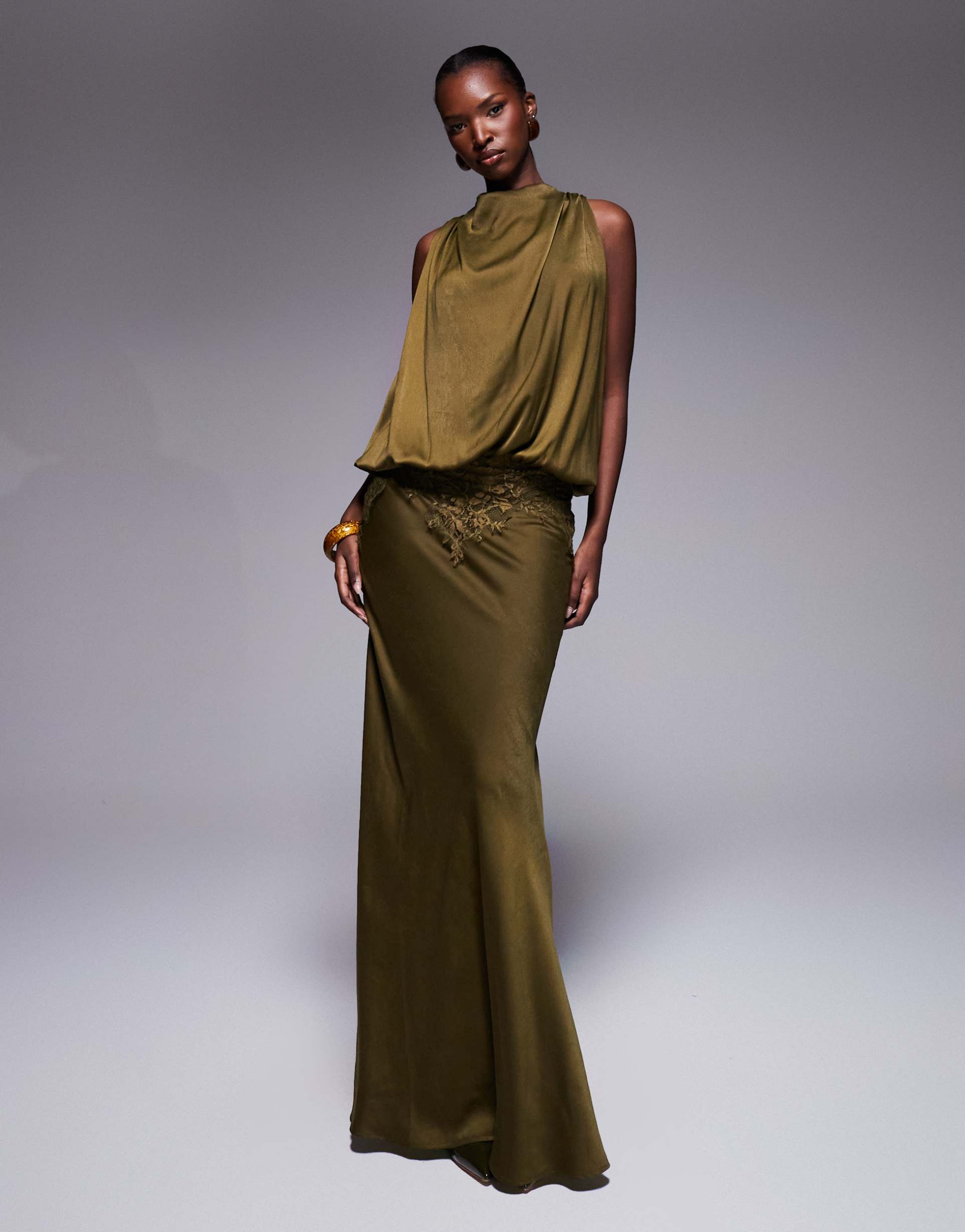 asos design satin blouson bodice maxi dress with lace applique in khaki